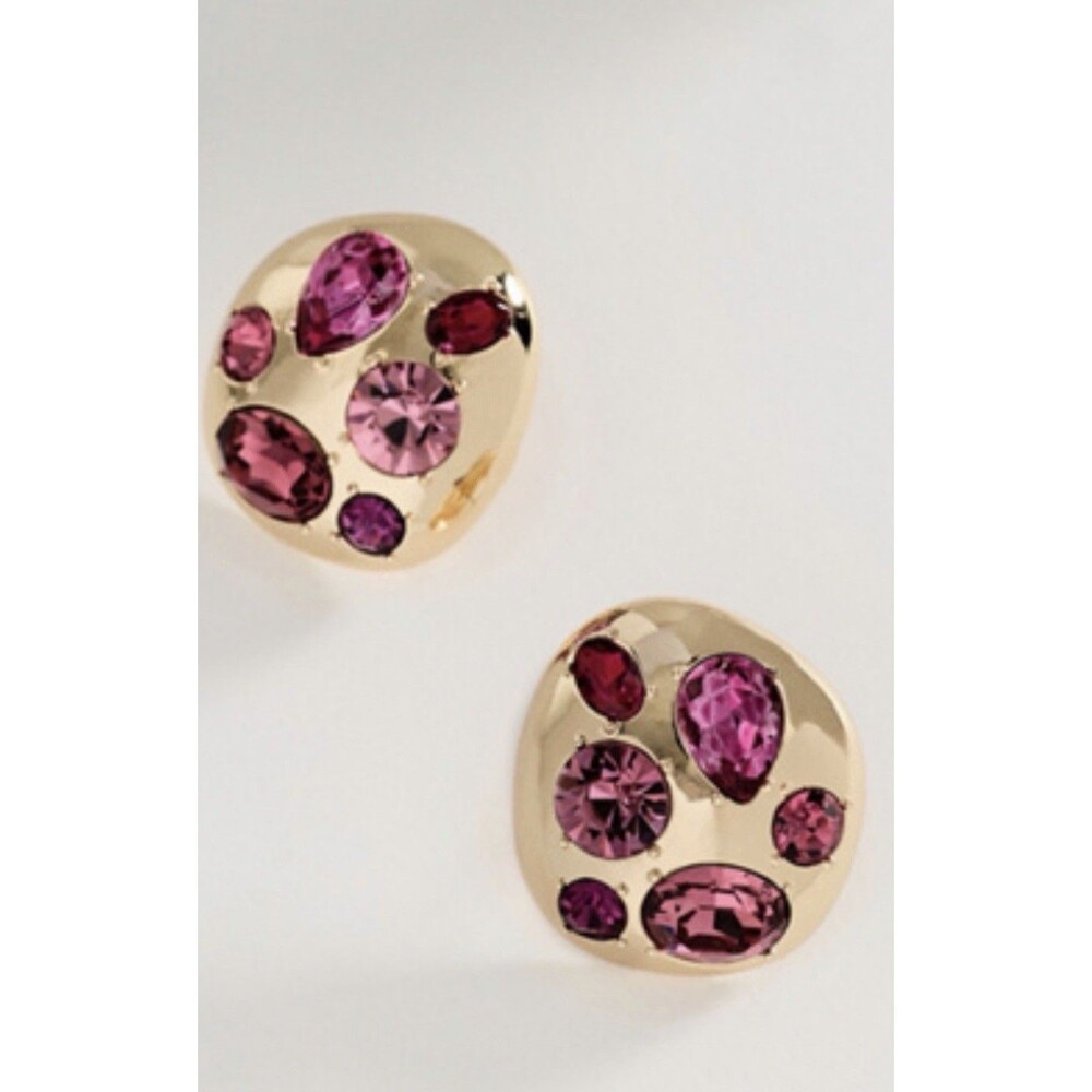 Anthropologie Post Earrings Pink Crystal Gold Plated Brass Preppy Retro Boho NWT